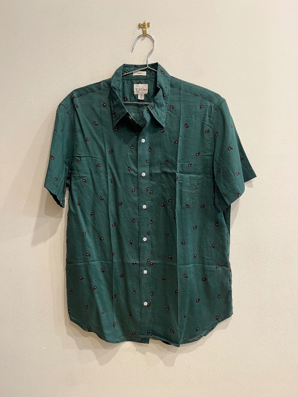 J. Crew Green Paisley Camp Collar Short Sleeve Mens Medium NWOT